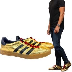 Gucci X Adidas Gazelle Metallic Lace Up Leather Sneakers Gold Size 9.5